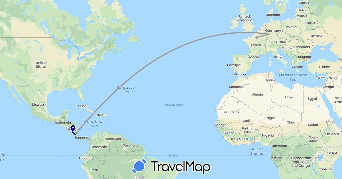 TravelMap itinerary: driving, plane in Costa Rica, Germany, France (Europe, North America)